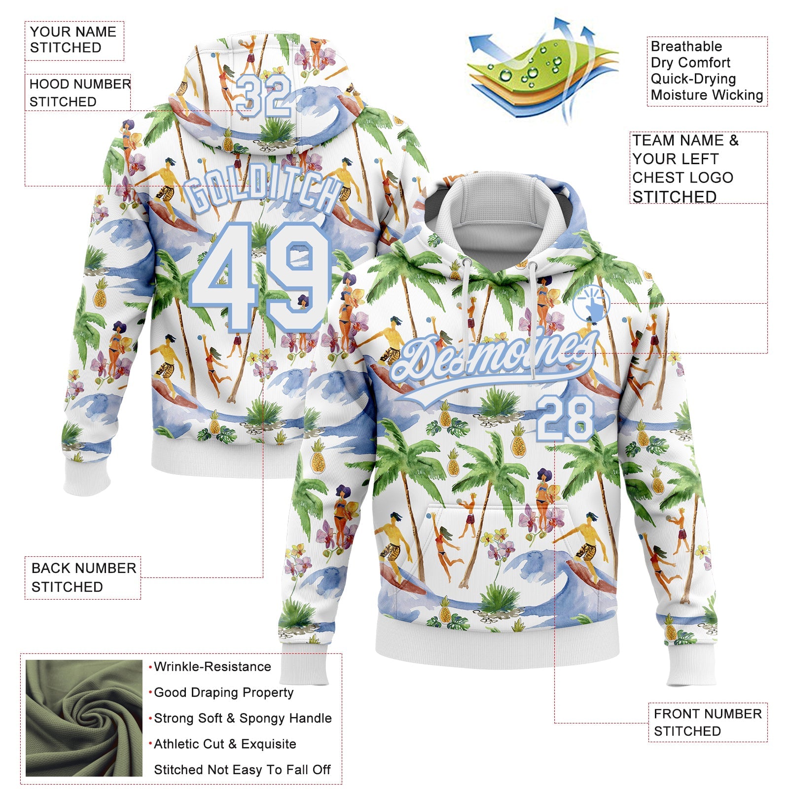 Custom Stitched White Light Blue Hawaii Palm Trees Sports Pullover Sweatshirt Hoodie view 4