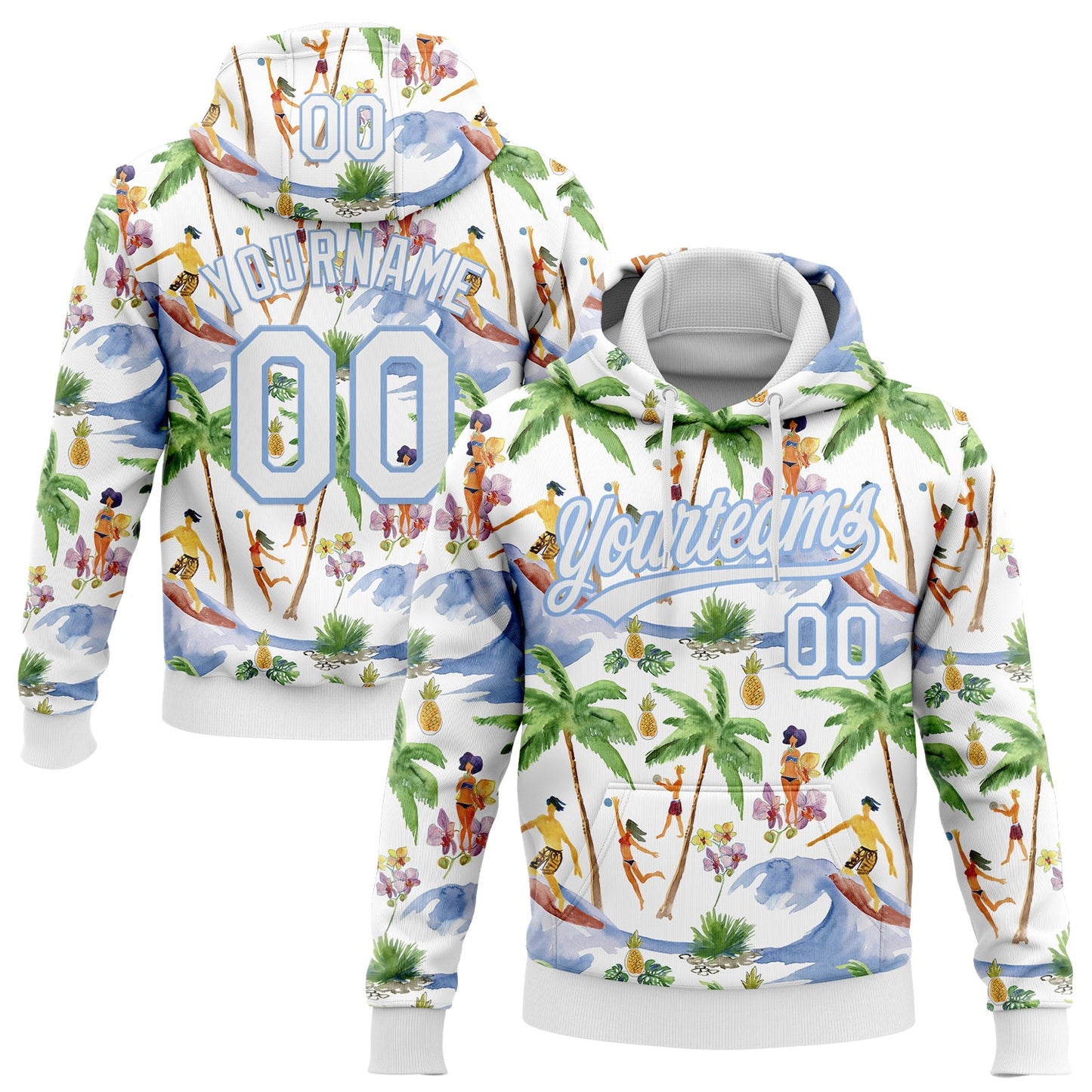 Custom Stitched White Light Blue Hawaii Palm Trees Sports Pullover Sweatshirt Hoodie - Main View