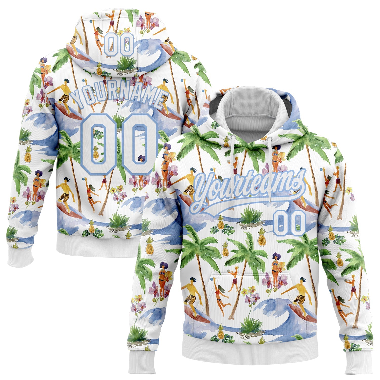 Custom Stitched White Light Blue Hawaii Palm Trees Sports Pullover Sweatshirt Hoodie - Main View