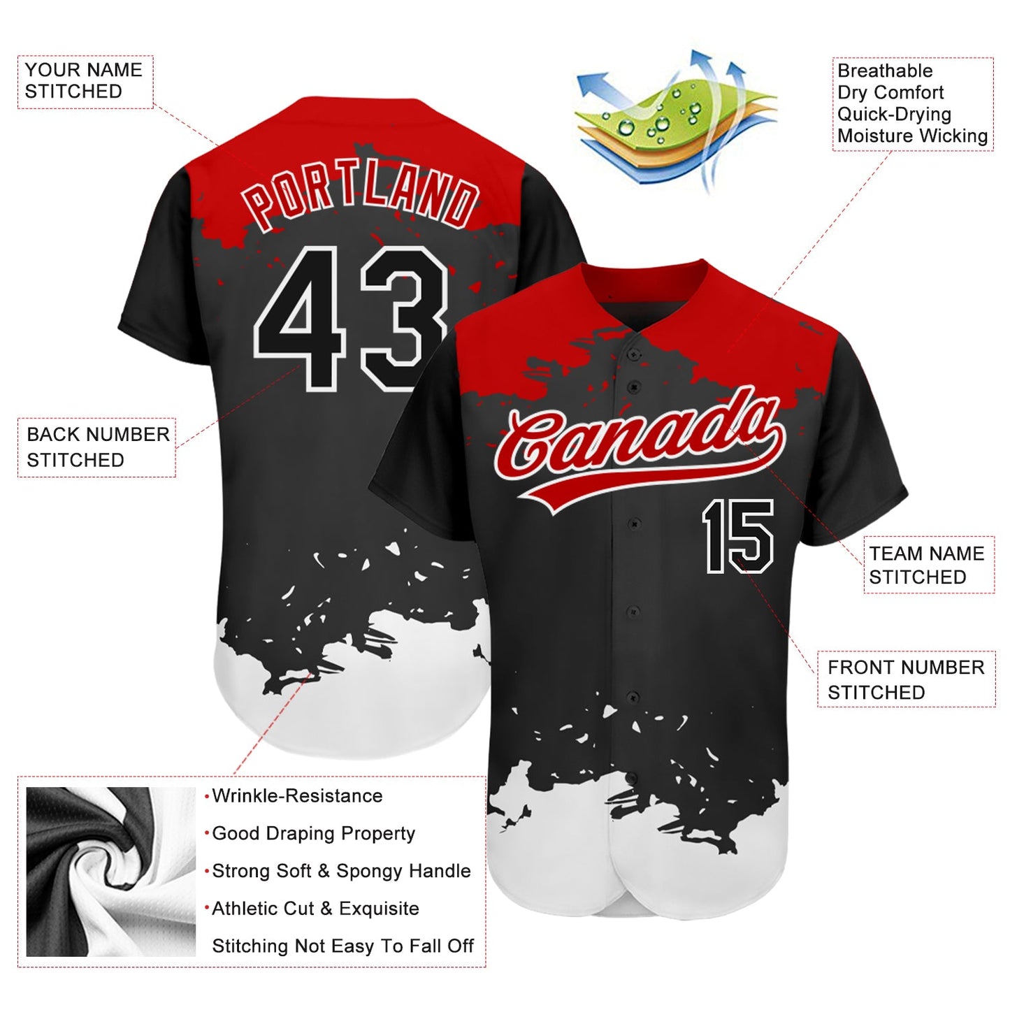 Custom Black Black-Red 3D Pattern Design Authentic Baseball Jersey view 3