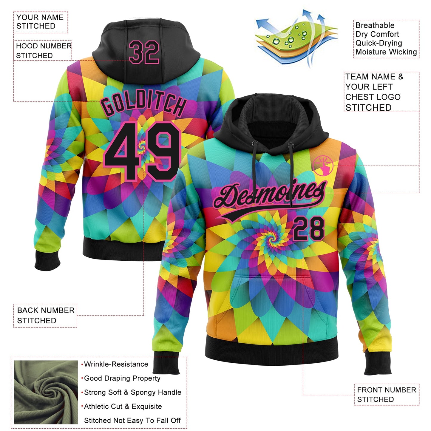 Custom Stitched Rainbow Black-Pink Abstract Sports Pullover Sweatshirt Hoodie view 4