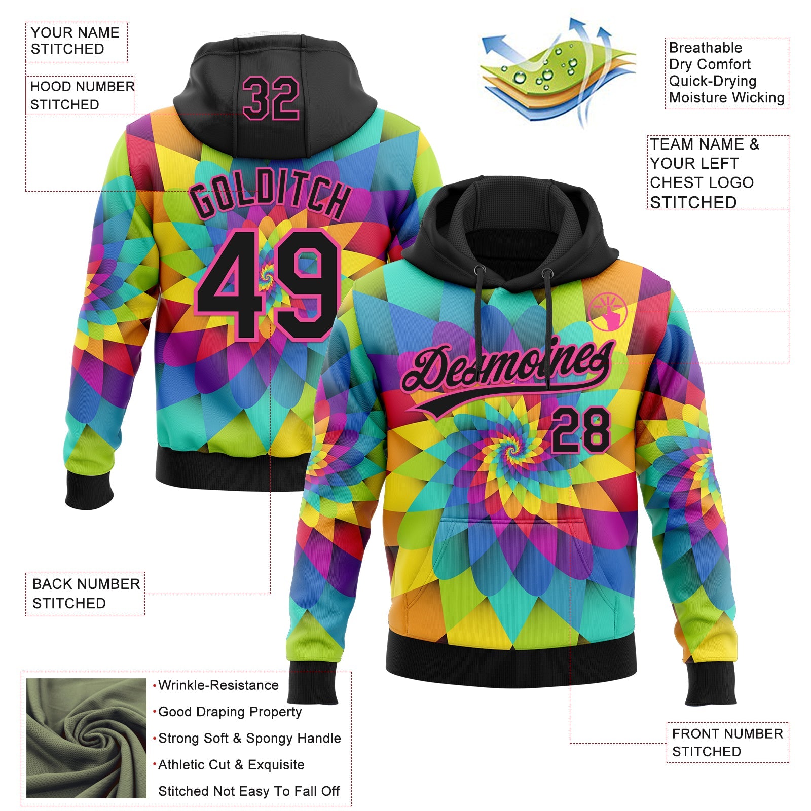Custom Stitched Rainbow Black-Pink Abstract Sports Pullover Sweatshirt Hoodie view 4