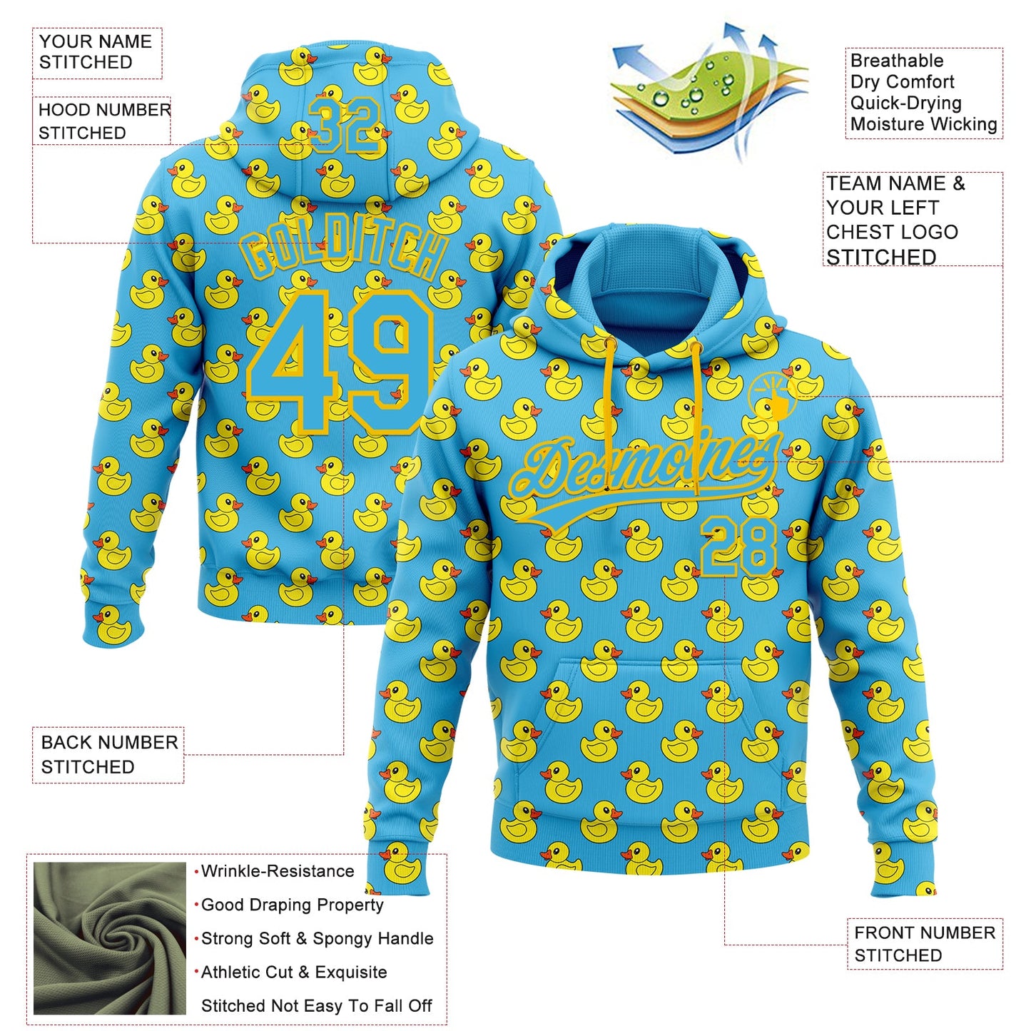 Custom Stitched Sky Blue Yellow Animal Duck Sports Pullover Sweatshirt Hoodie view 4