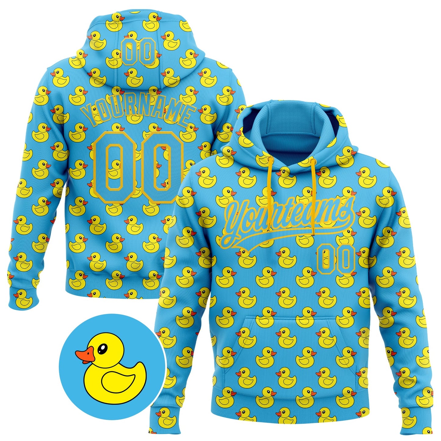 Custom Stitched Sky Blue Yellow Animal Duck Sports Pullover Sweatshirt Hoodie - Main View