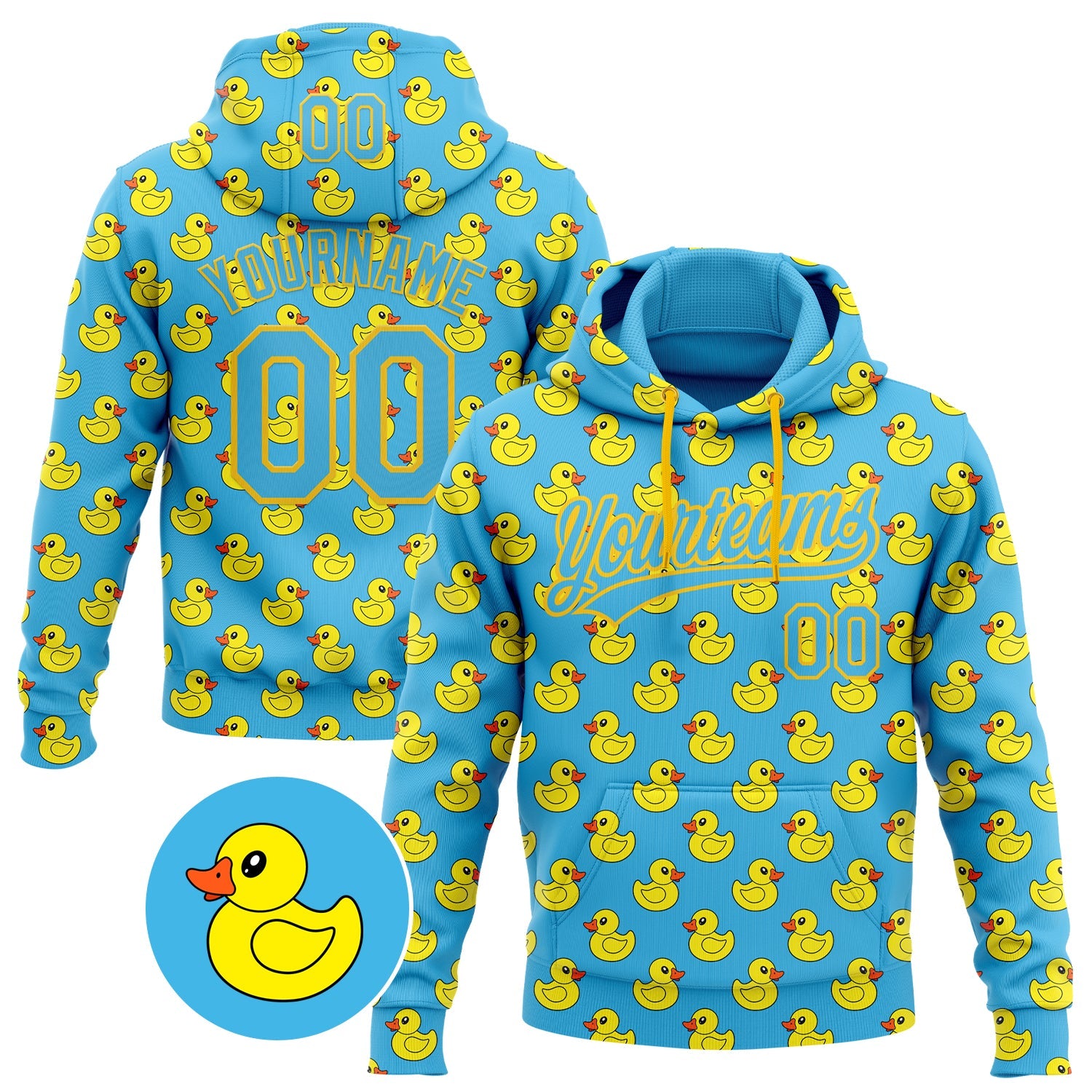 Custom Stitched Sky Blue Yellow Animal Duck Sports Pullover Sweatshirt Hoodie - Main View