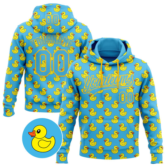 Custom Stitched Sky Blue Yellow Animal Duck Sports Pullover Sweatshirt Hoodie - Main View