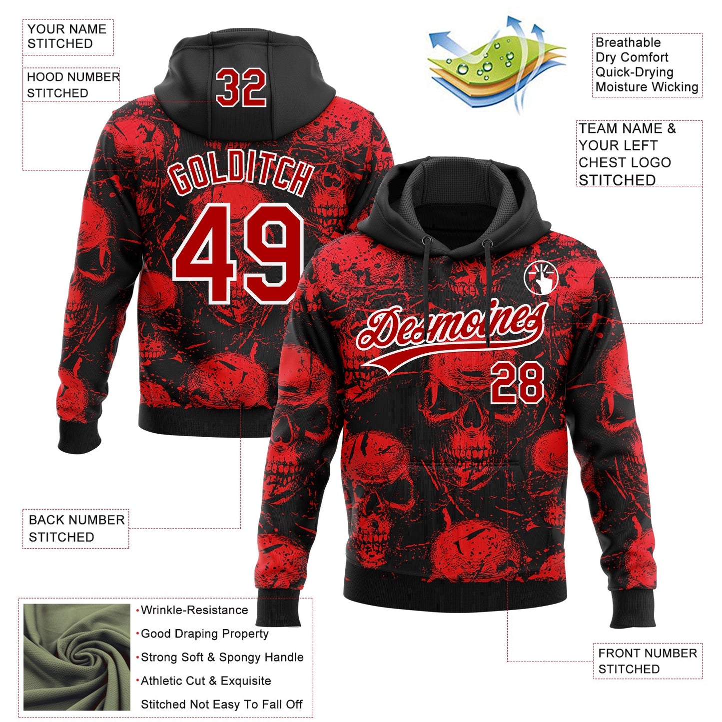 Custom Stitched Black Red-White Halloween Skulls Sports Pullover Sweatshirt Hoodie view 4
