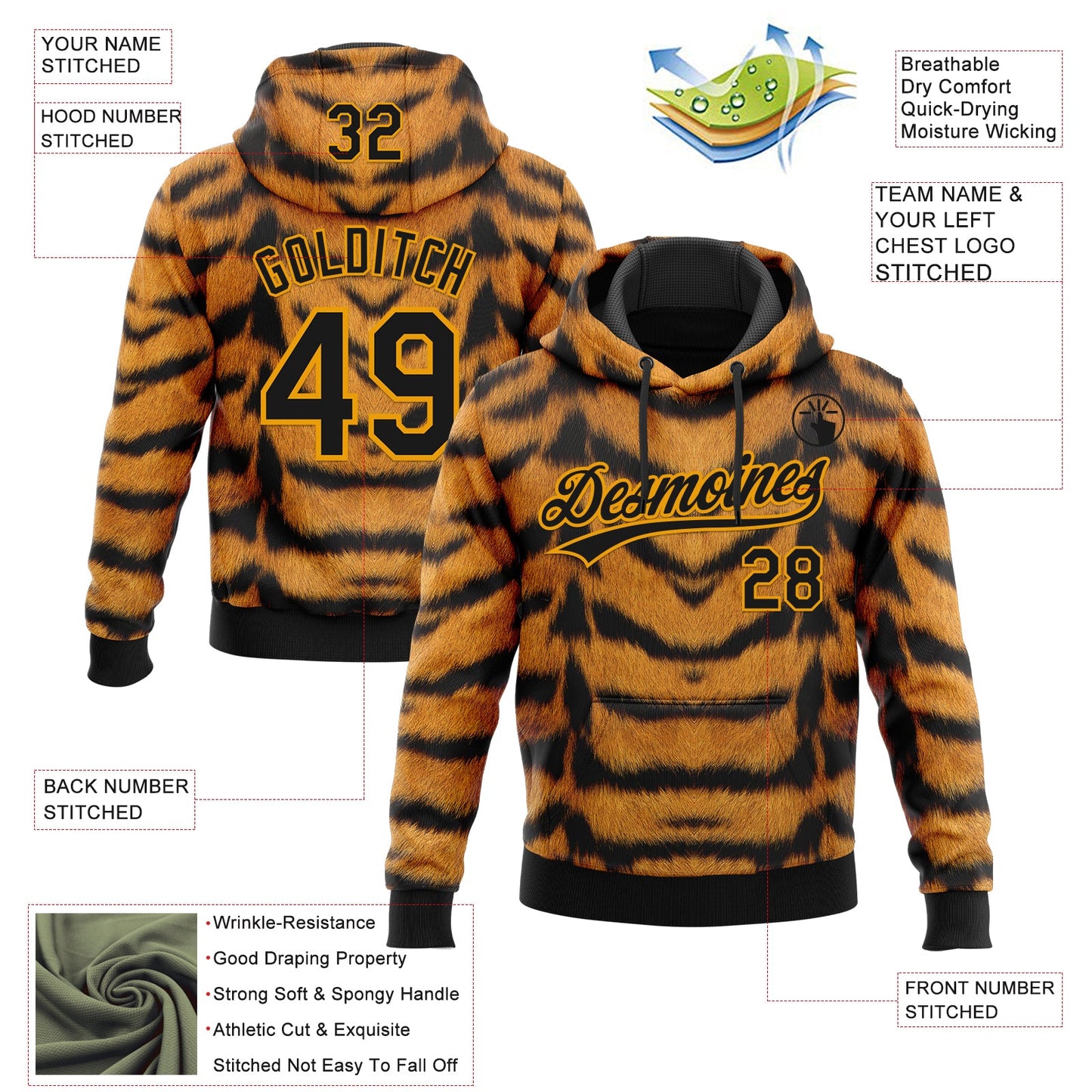 Custom Stitched Brown Black-Gold Tiger Print Sports Pullover Sweatshirt Hoodie view 4