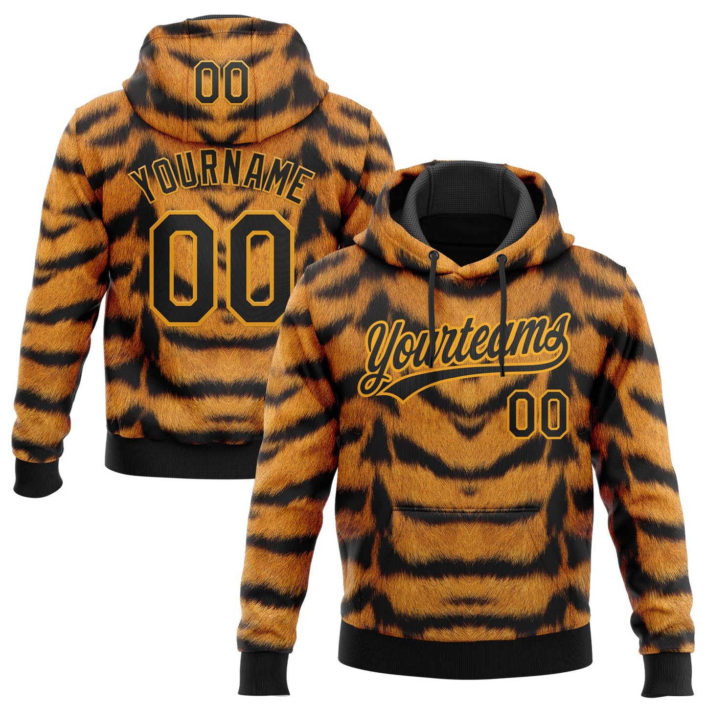 Custom Stitched Brown Black-Gold Tiger Print Sports Pullover Sweatshirt Hoodie - Main View