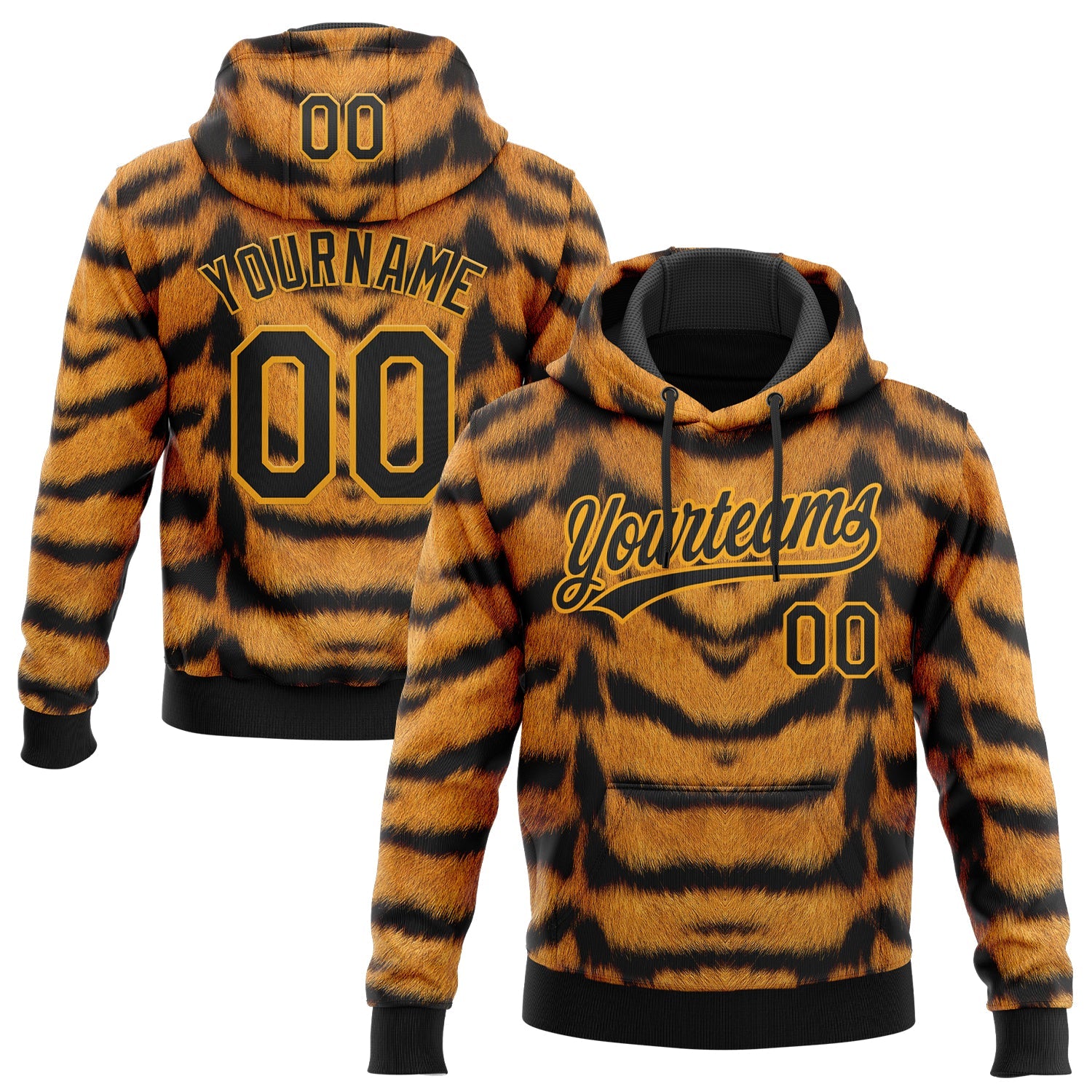 Custom Stitched Brown Black-Gold Tiger Print Sports Pullover Sweatshirt Hoodie - Main View