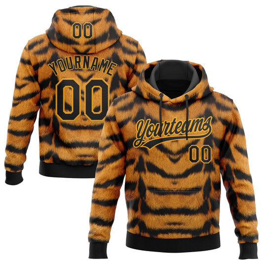 Custom Stitched Brown Black-Gold Tiger Print Sports Pullover Sweatshirt Hoodie - Main View