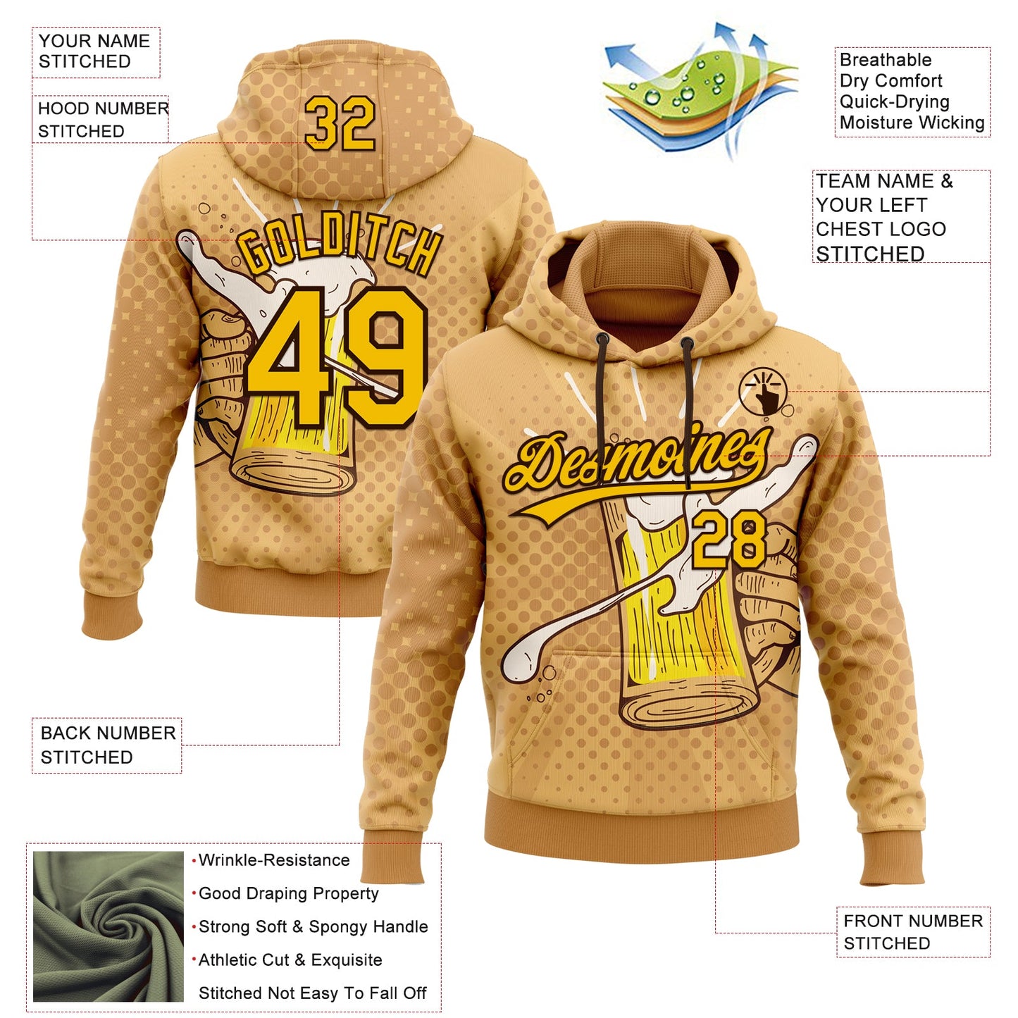 Custom Stitched Brown Yellow-Black Let's Drink Beer Festival Sports Pullover Sweatshirt Hoodie view 4