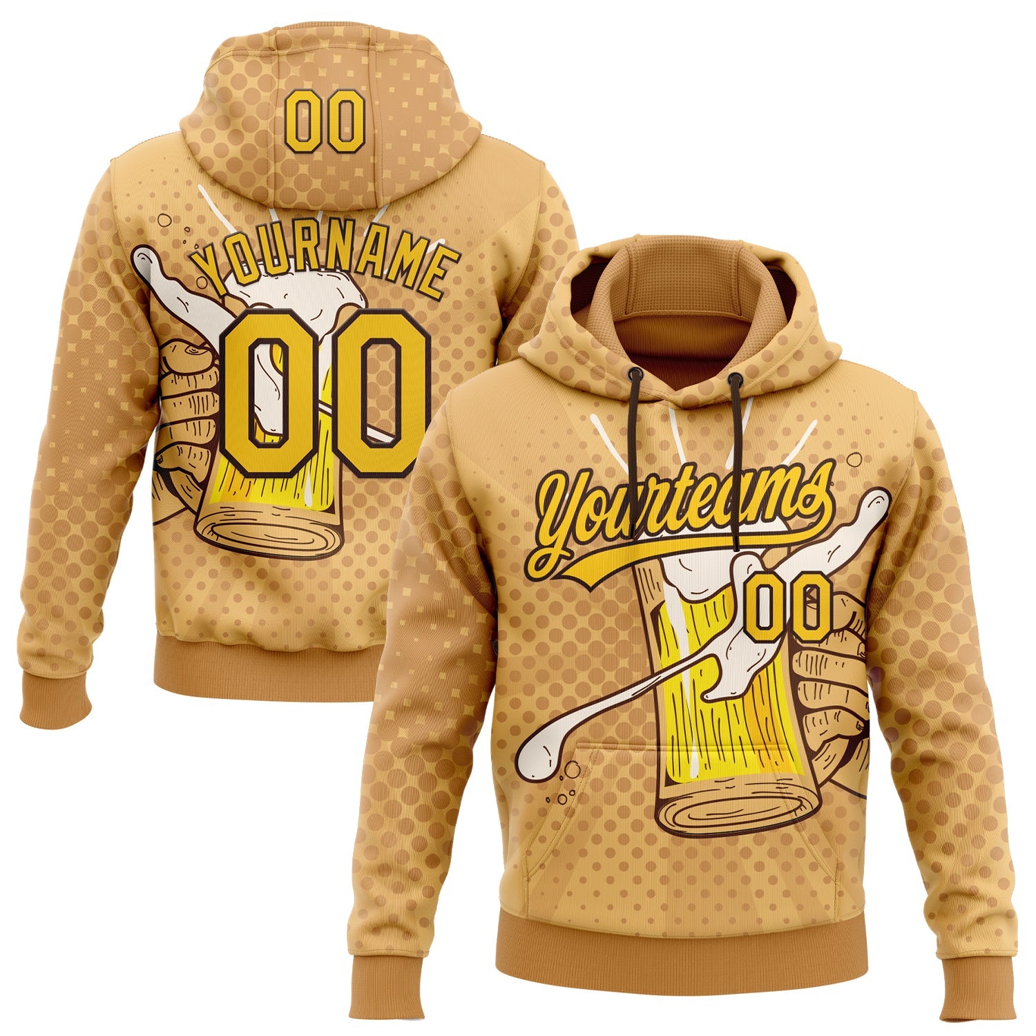 Custom Stitched Brown Yellow-Black Let's Drink Beer Festival Sports Pullover Sweatshirt Hoodie - Main View