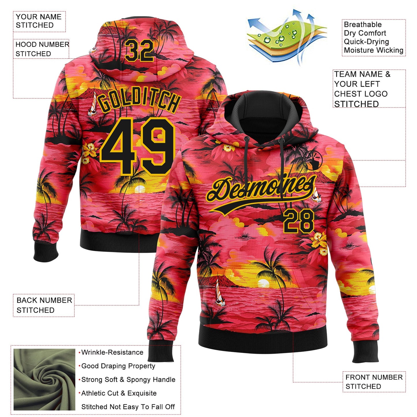 Custom Stitched Red Black-Yellow Sun Beach Hawaii Palm Trees Sports Pullover Sweatshirt Hoodie view 4