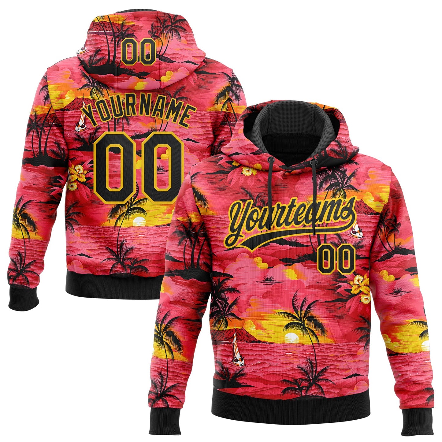 Custom Stitched Red Black-Yellow Sun Beach Hawaii Palm Trees Sports Pullover Sweatshirt Hoodie - Main View