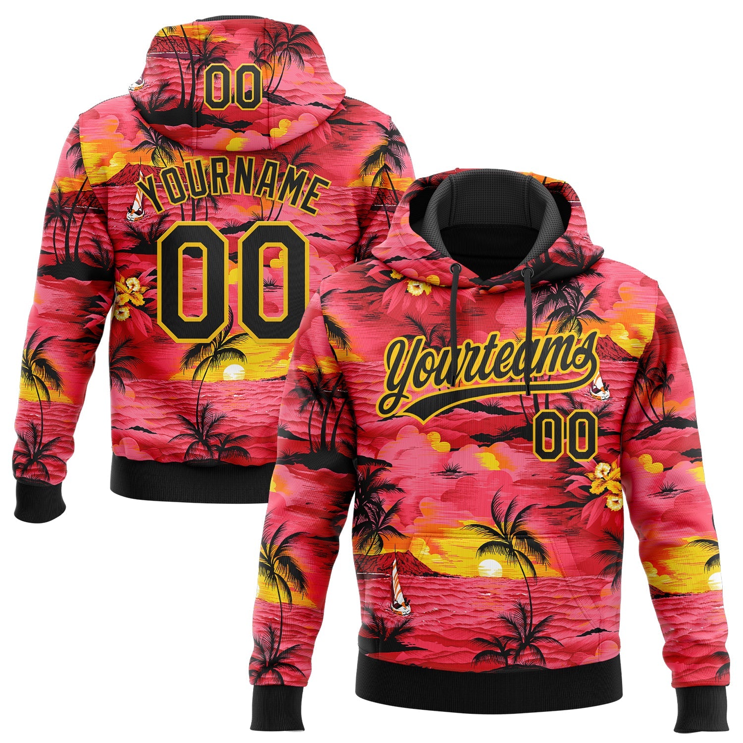 Custom Stitched Red Black-Yellow Sun Beach Hawaii Palm Trees Sports Pullover Sweatshirt Hoodie - Main View