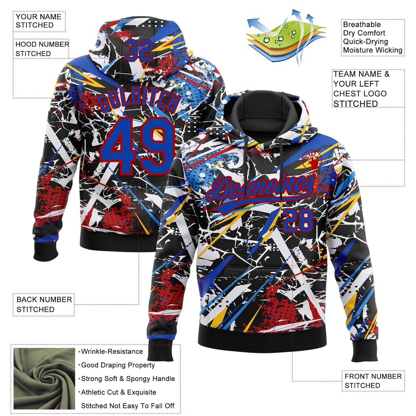 Custom Stitched Graffiti Pattern Thunder Blue-Red Abstract Splatter Sports Pullover Sweatshirt Hoodie view 4
