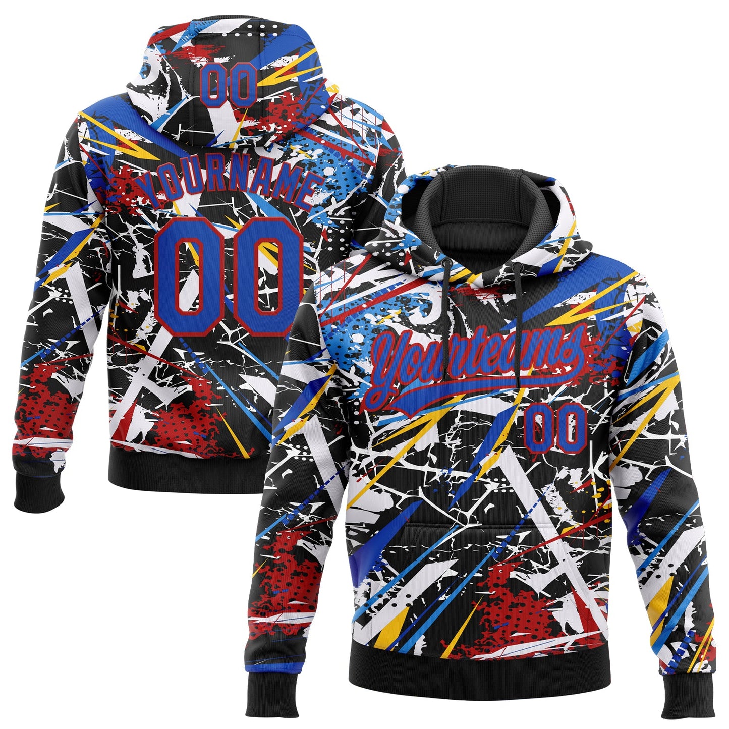 Custom Stitched Graffiti Pattern Thunder Blue-Red Abstract Splatter Sports Pullover Sweatshirt Hoodie - Main View