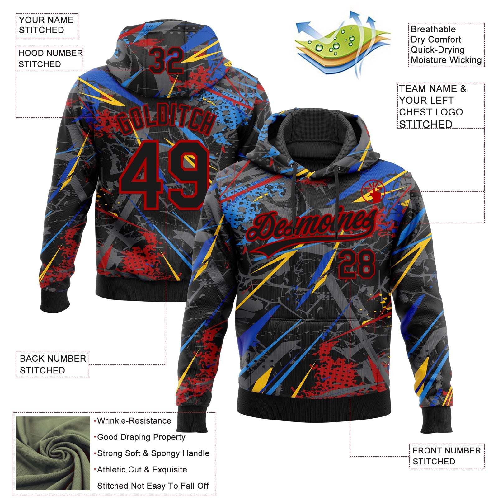 Custom Stitched Graffiti Pattern Black-Red Abstract Splatter Sports Pullover Sweatshirt Hoodie view 4