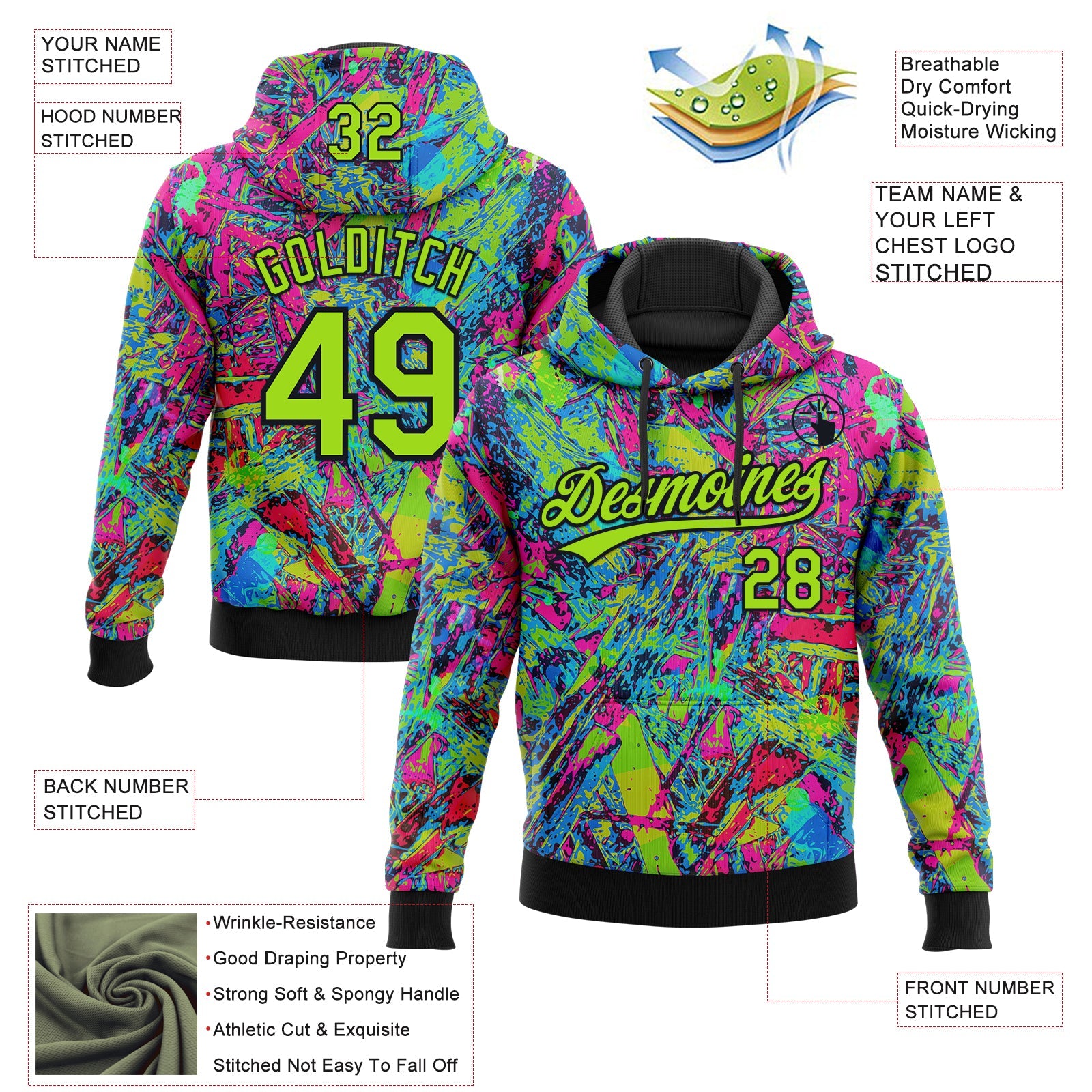 Custom Stitched Graffiti Pattern Neon Green-Black Abstract Splatter Sports Pullover Sweatshirt Hoodie view 4