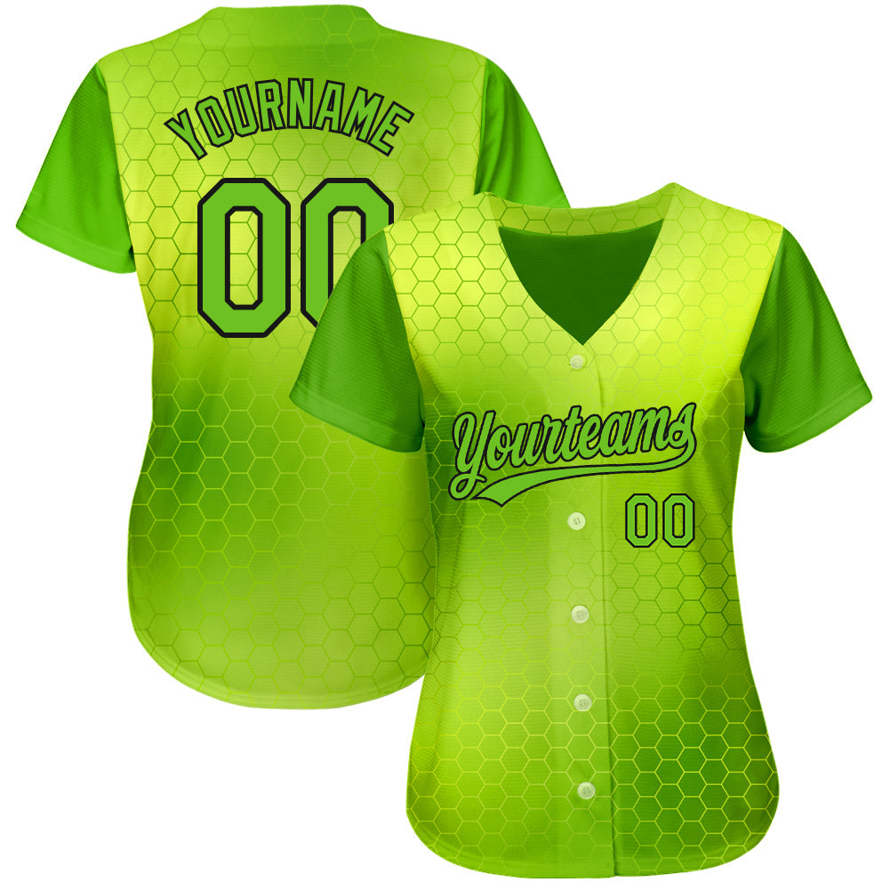 Custom Neon Green Neon Green-Black 3D Pattern Design Authentic Baseball Jersey view 2