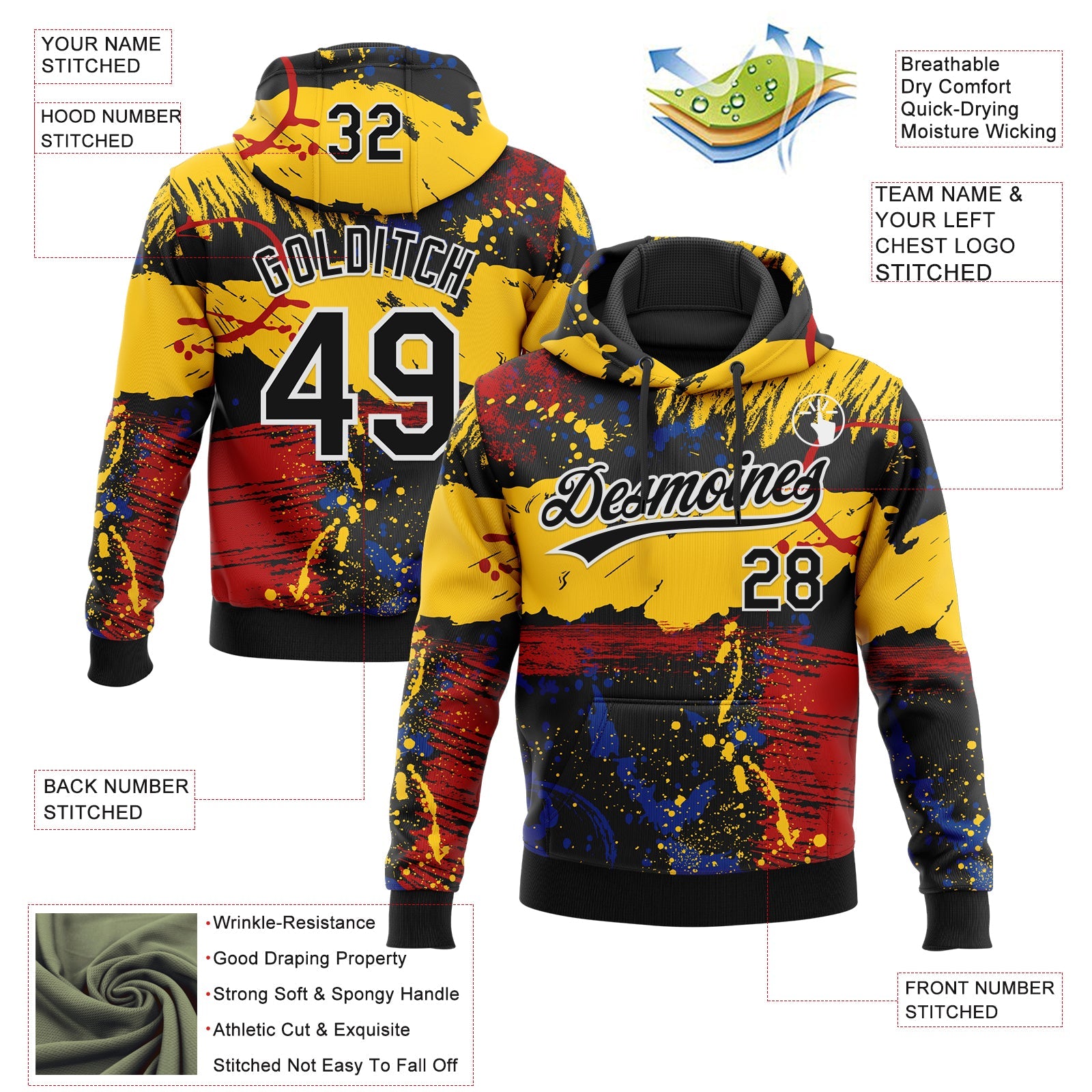 Custom Stitched Graffiti Pattern Black-White Abstract Splatter Sports Pullover Sweatshirt Hoodie view 4