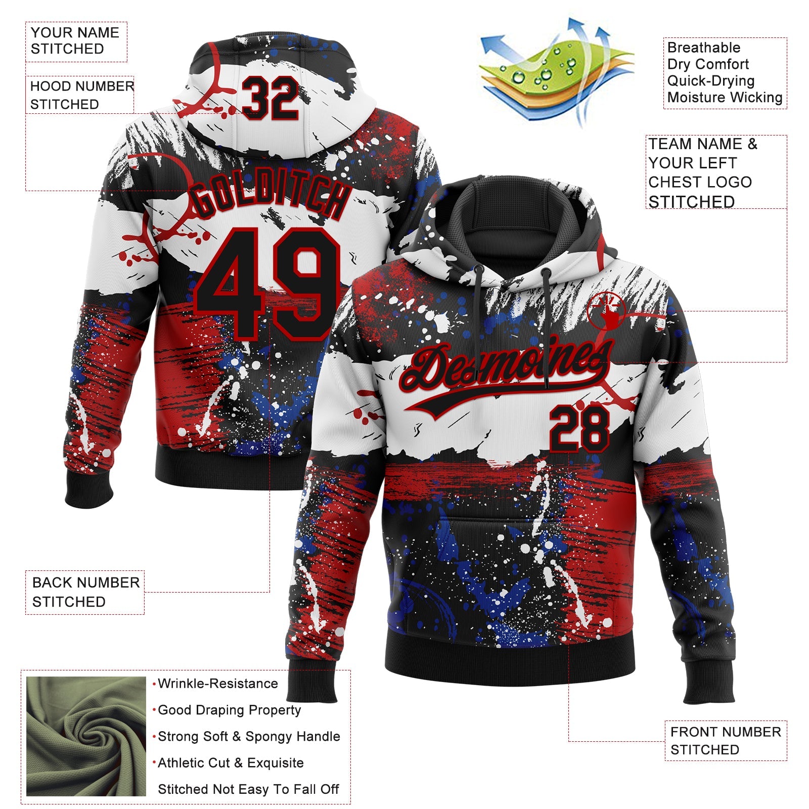Custom Stitched Graffiti Pattern Black-Red Abstract Splatter Sports Pullover Sweatshirt Hoodie view 4