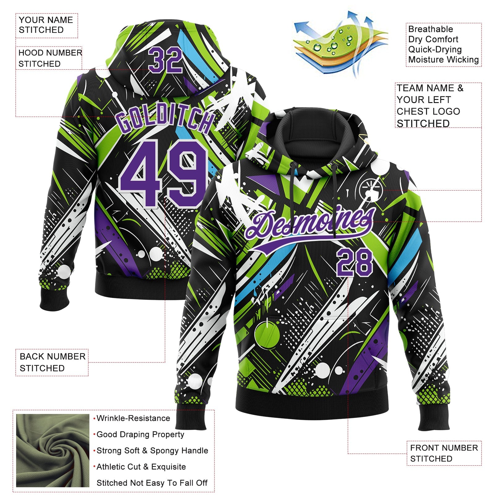 Custom Stitched Graffiti Pattern Purple-White Abstract Splatter Sports Pullover Sweatshirt Hoodie view 4