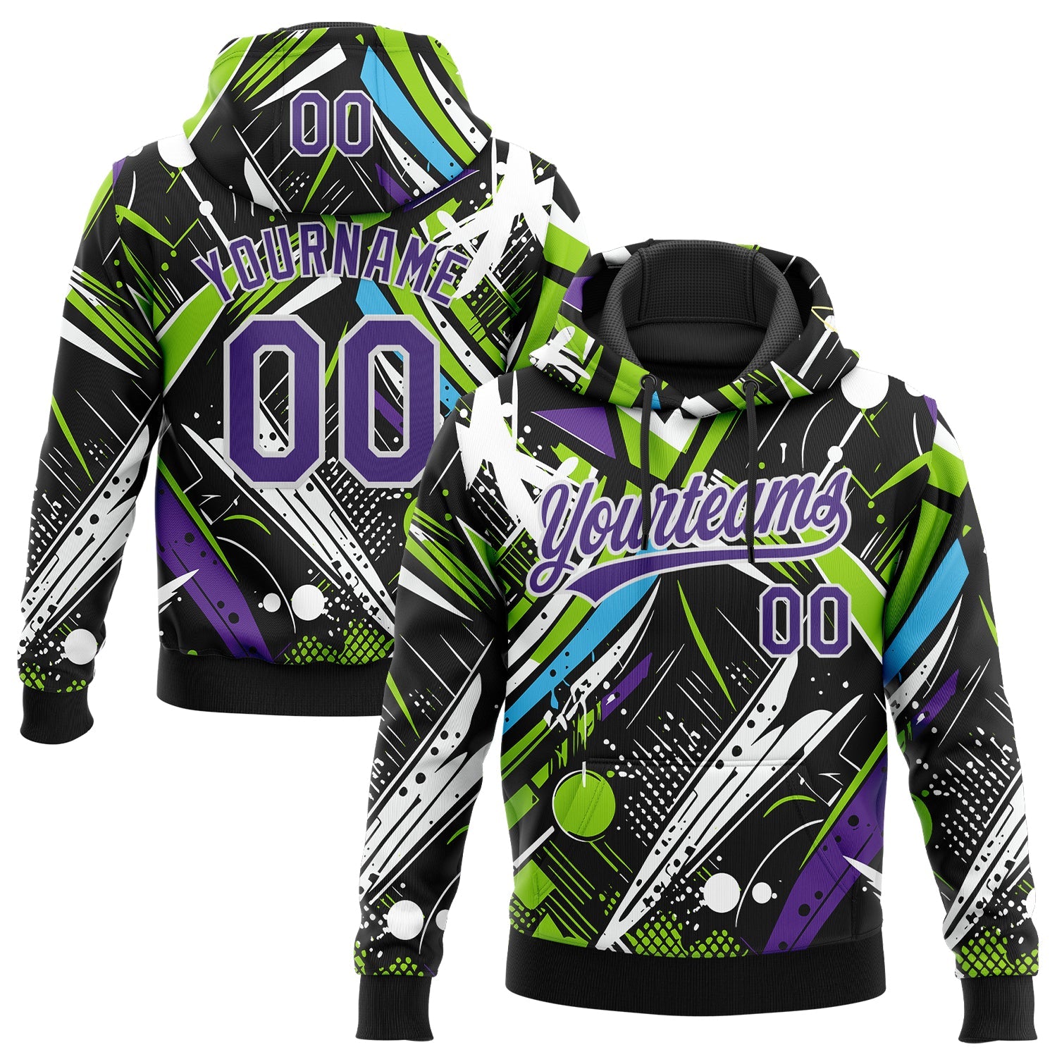 Custom Stitched Graffiti Pattern Purple-White Abstract Splatter Sports Pullover Sweatshirt Hoodie - Main View