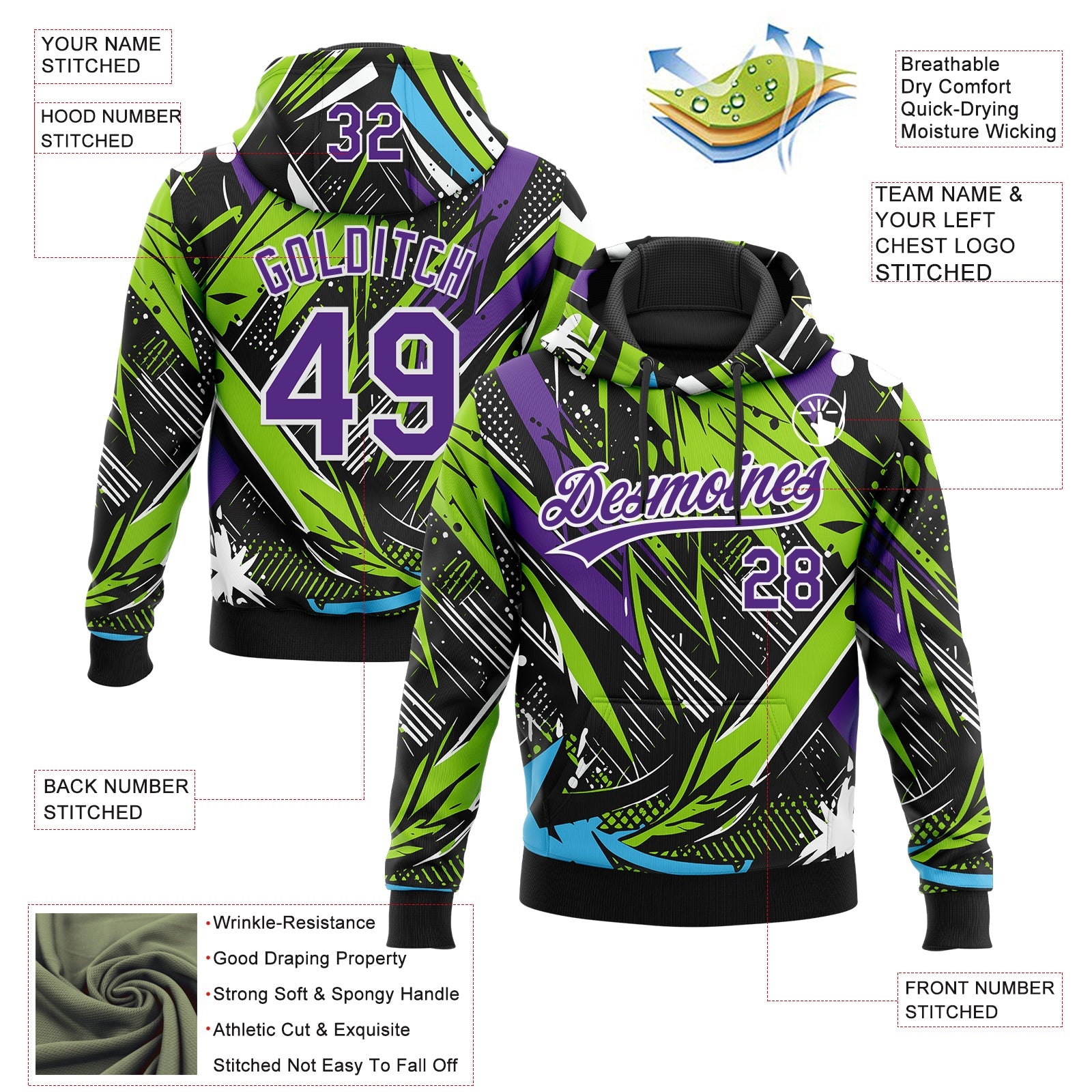 Custom Stitched Graffiti Pattern Purple-White Abstract Splatter Sports Pullover Sweatshirt Hoodie view 4