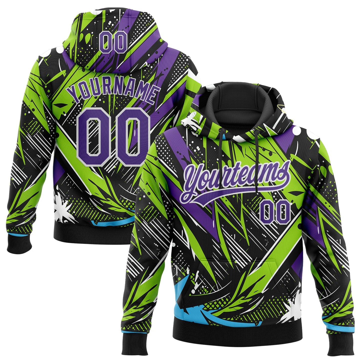 Custom Stitched Graffiti Pattern Purple-White Abstract Splatter Sports Pullover Sweatshirt Hoodie - Main View