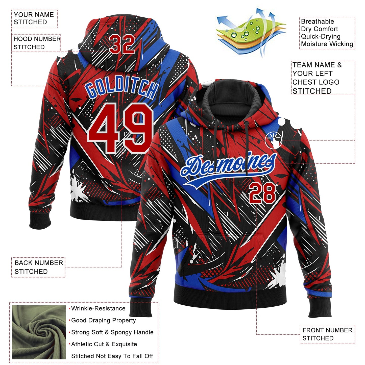Custom Stitched Graffiti Pattern Red Thunder Blue-White Abstract Splatter Sports Pullover Sweatshirt Hoodie view 4