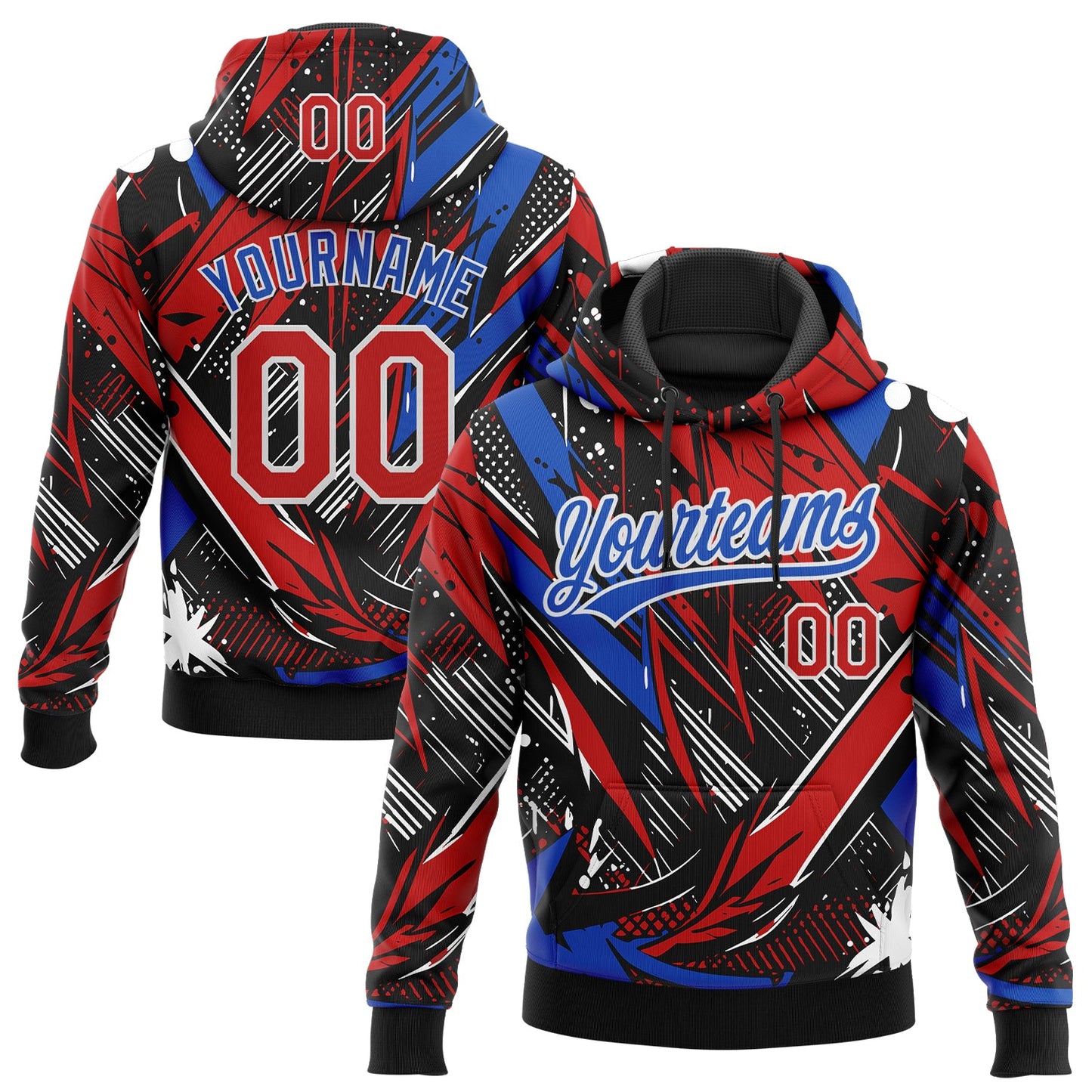 Custom Stitched Graffiti Pattern Red Thunder Blue-White Abstract Splatter Sports Pullover Sweatshirt Hoodie - Main View