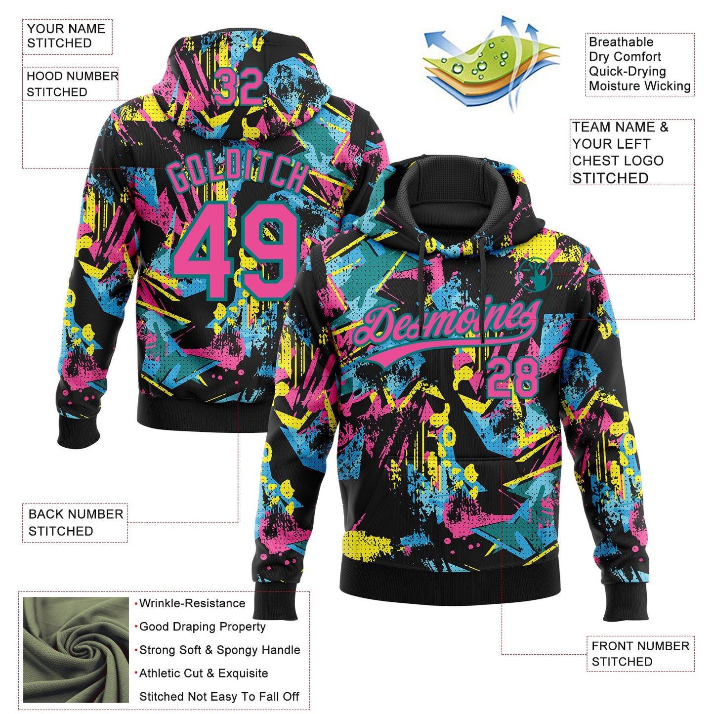 Custom Stitched Graffiti Pattern Pink-Teal Abstract Splatter Sports Pullover Sweatshirt Hoodie view 4