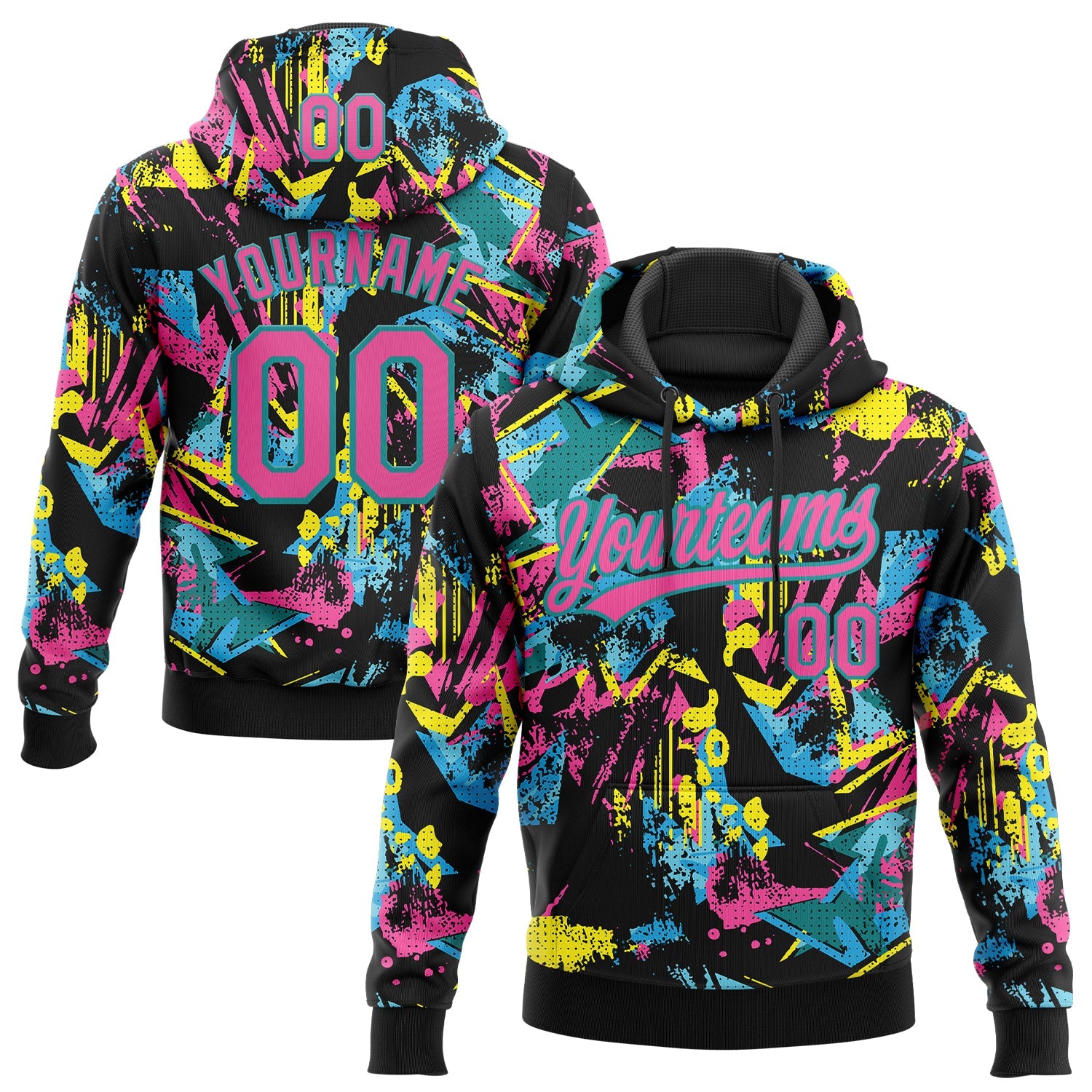 Custom Stitched Graffiti Pattern Pink-Teal Abstract Splatter Sports Pullover Sweatshirt Hoodie - Main View