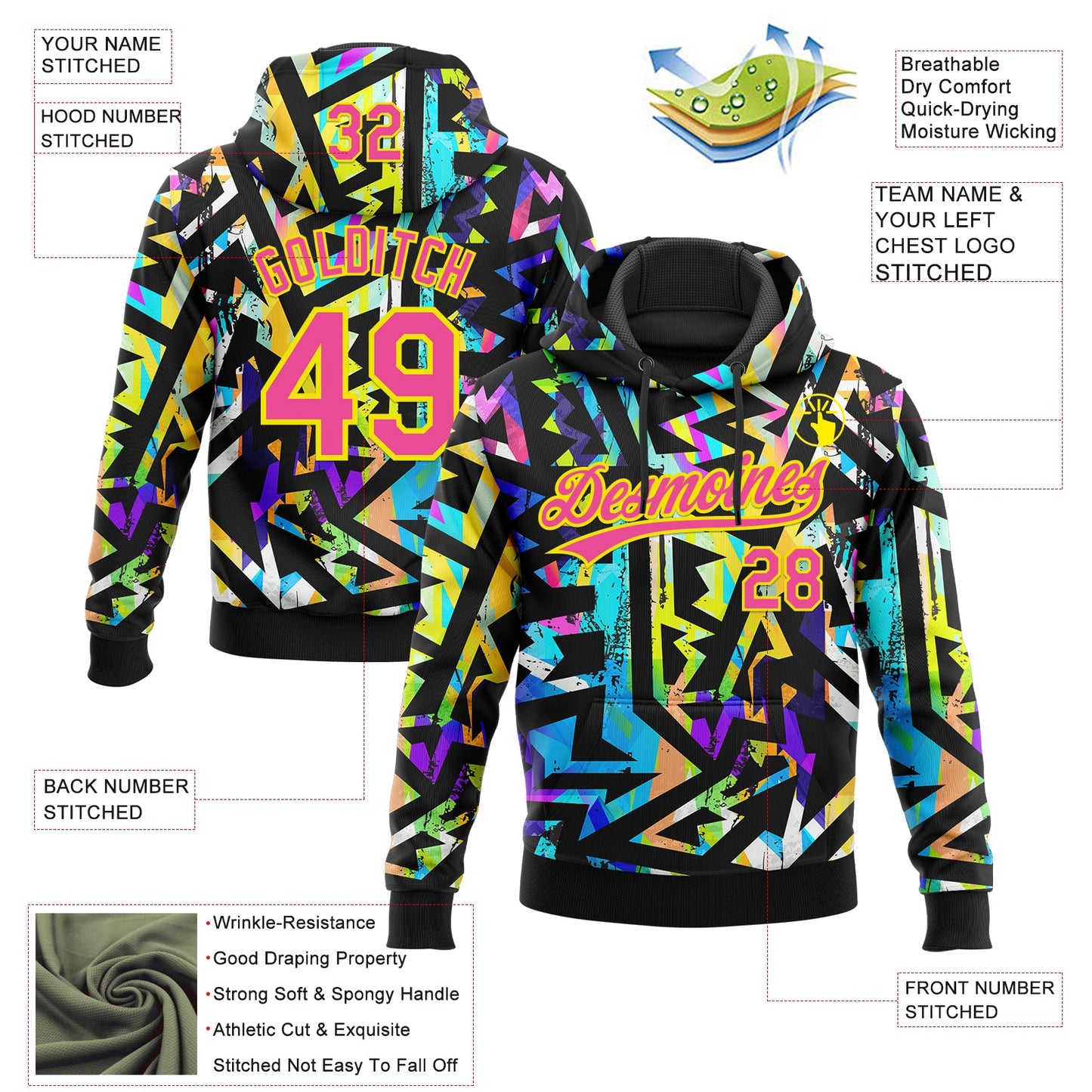 Custom Stitched Graffiti Pattern Pink-Lakes Blue Abstract Geometric Sports Pullover Sweatshirt Hoodie view 4