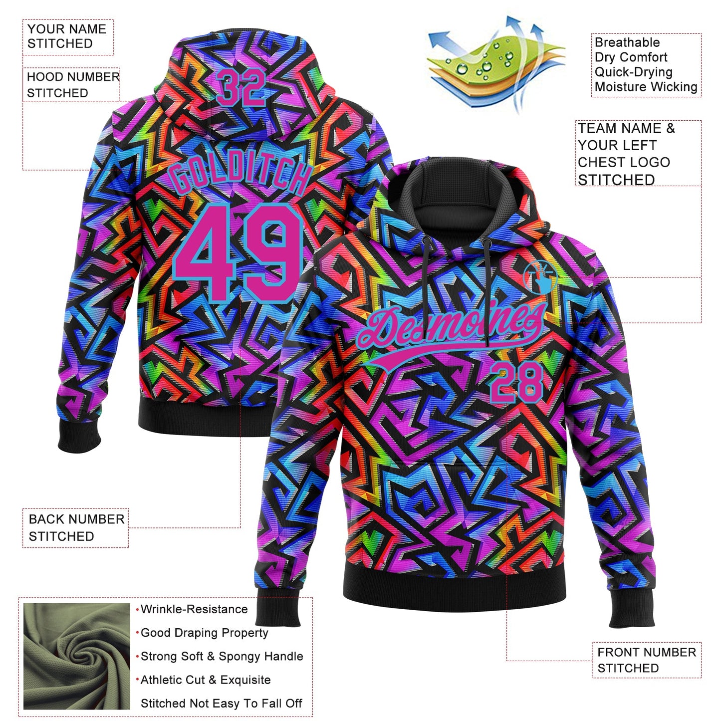 Custom Stitched Graffiti Pattern Hot Pink-Sky Blue Abstract Geometric Sports Pullover Sweatshirt Hoodie view 4
