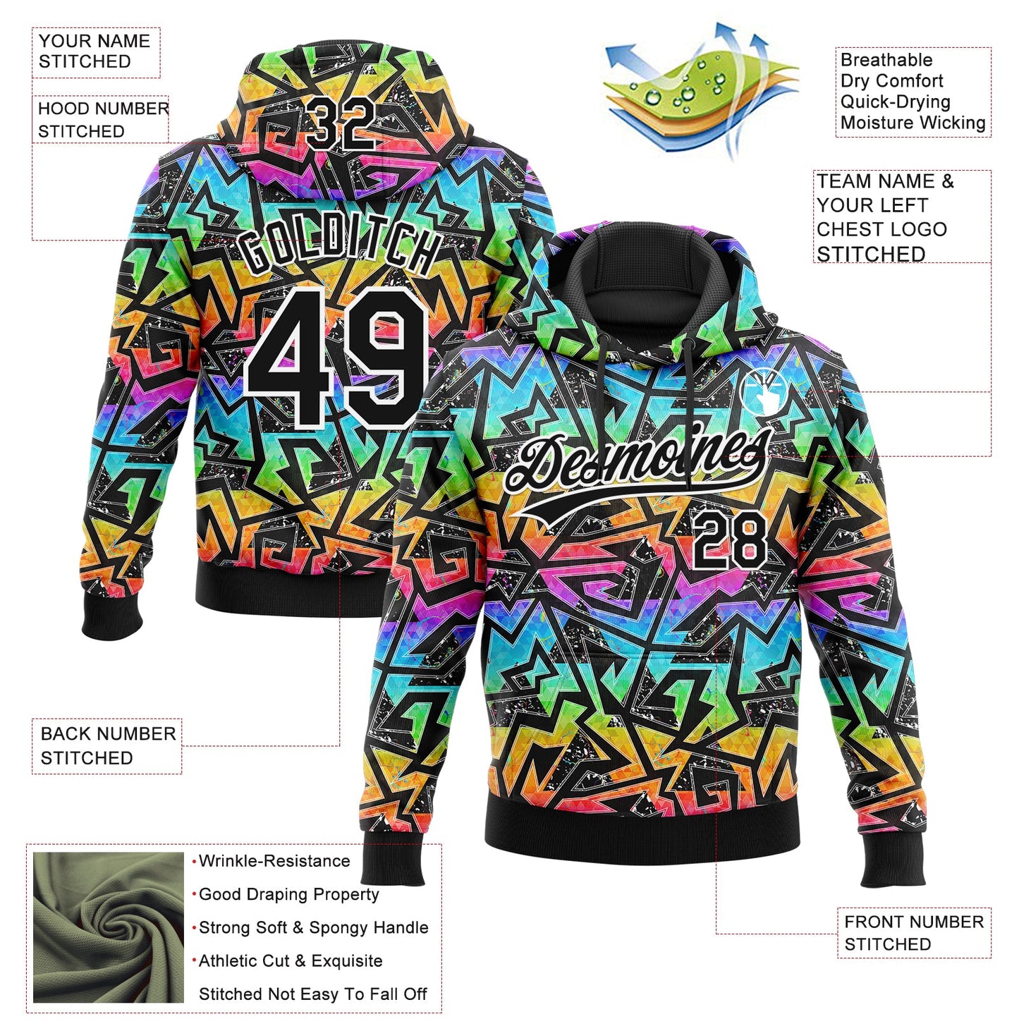 Custom Stitched Graffiti Pattern Black-White Abstract Geometric Sports Pullover Sweatshirt Hoodie view 4