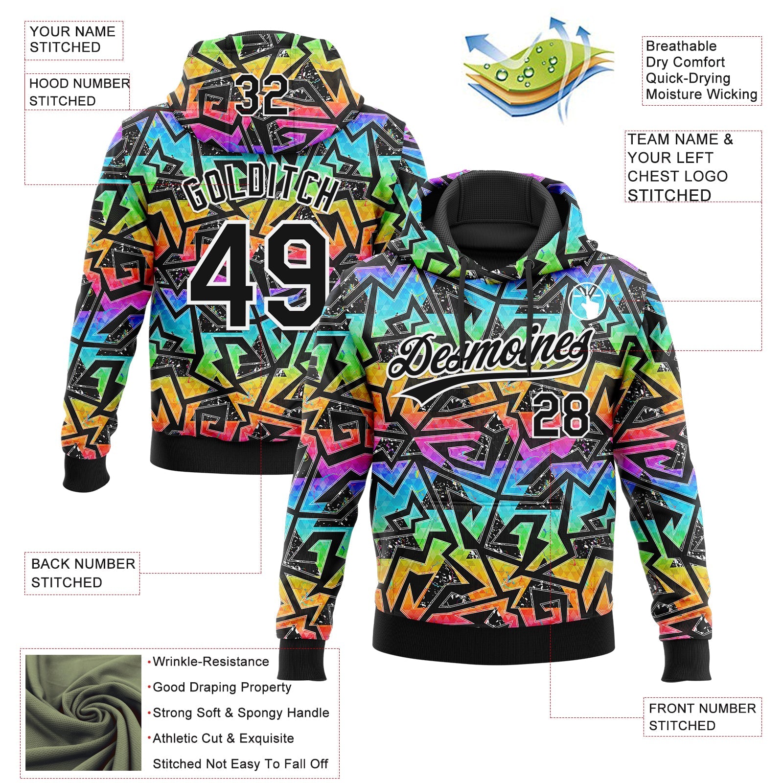 Custom Stitched Graffiti Pattern Black-White Abstract Geometric Sports Pullover Sweatshirt Hoodie view 4