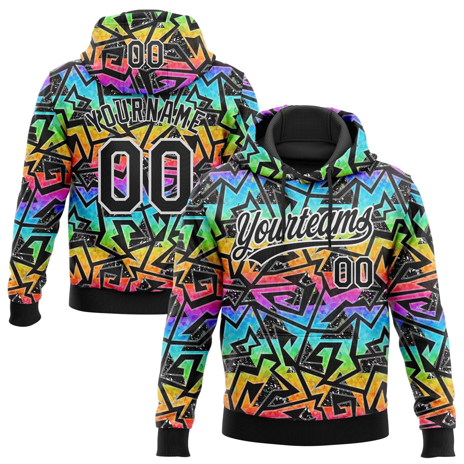 Custom Stitched Graffiti Pattern Black-White Abstract Geometric Sports Pullover Sweatshirt Hoodie - Main View