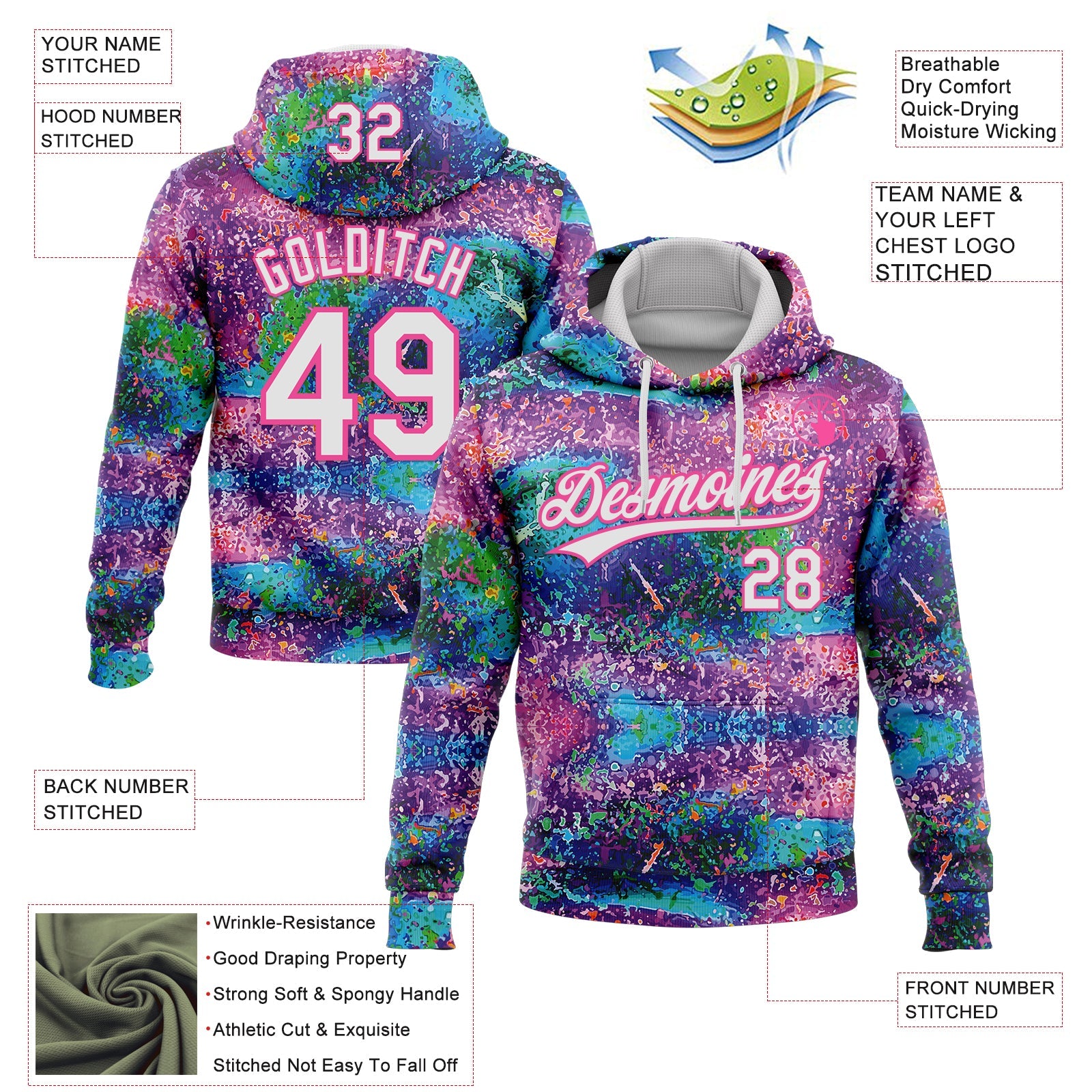 Custom Stitched Graffiti Pattern White-Pink Abstract Splatter Sports Pullover Sweatshirt Hoodie view 4