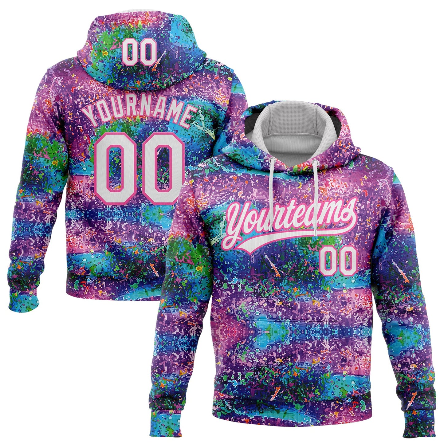 Custom Stitched Graffiti Pattern White-Pink Abstract Splatter Sports Pullover Sweatshirt Hoodie - Main View