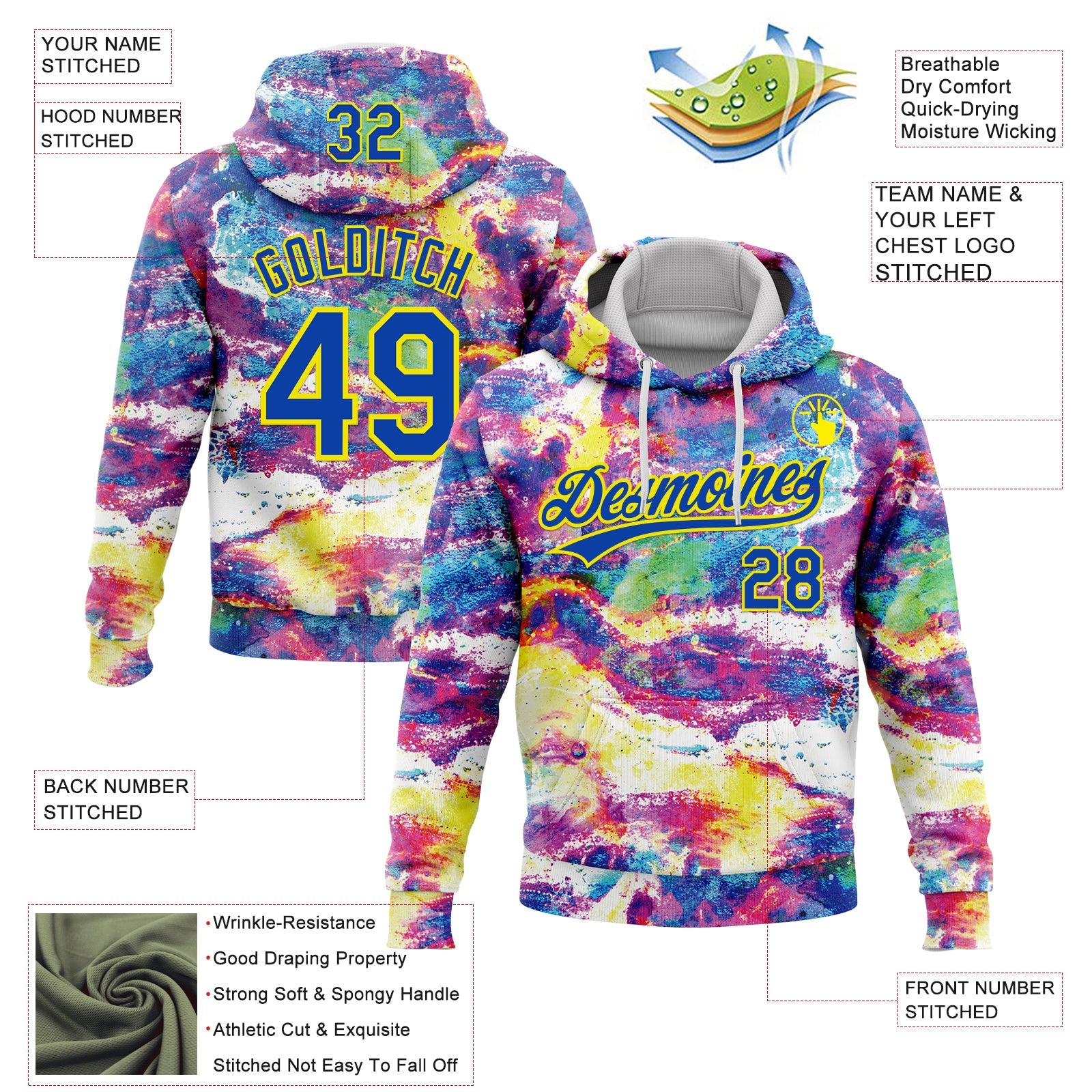 Custom Stitched Graffiti Pattern Thunder Blue-Light Yellow Abstract Splatter Sports Pullover Sweatshirt Hoodie view 4