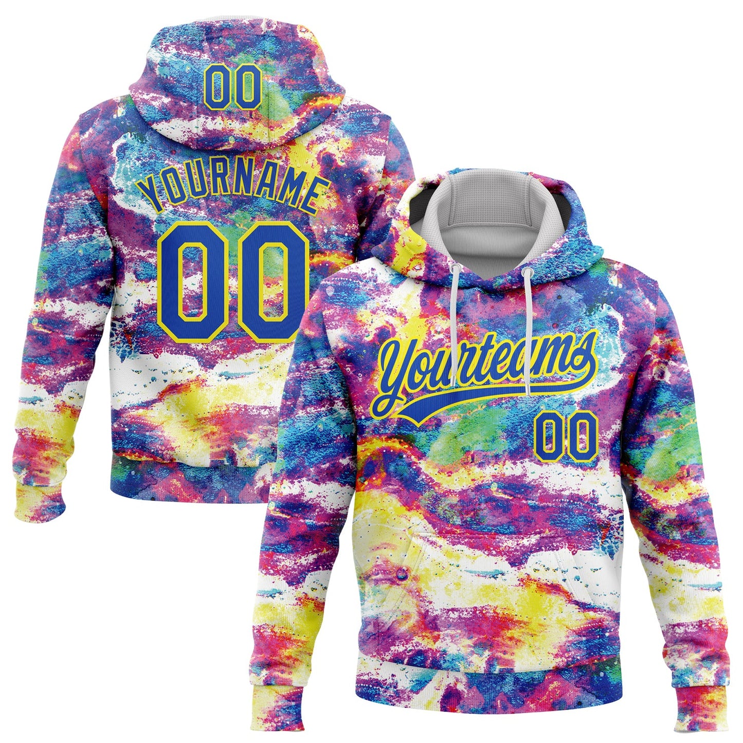 Custom Stitched Graffiti Pattern Thunder Blue-Light Yellow Abstract Splatter Sports Pullover Sweatshirt Hoodie - Main View