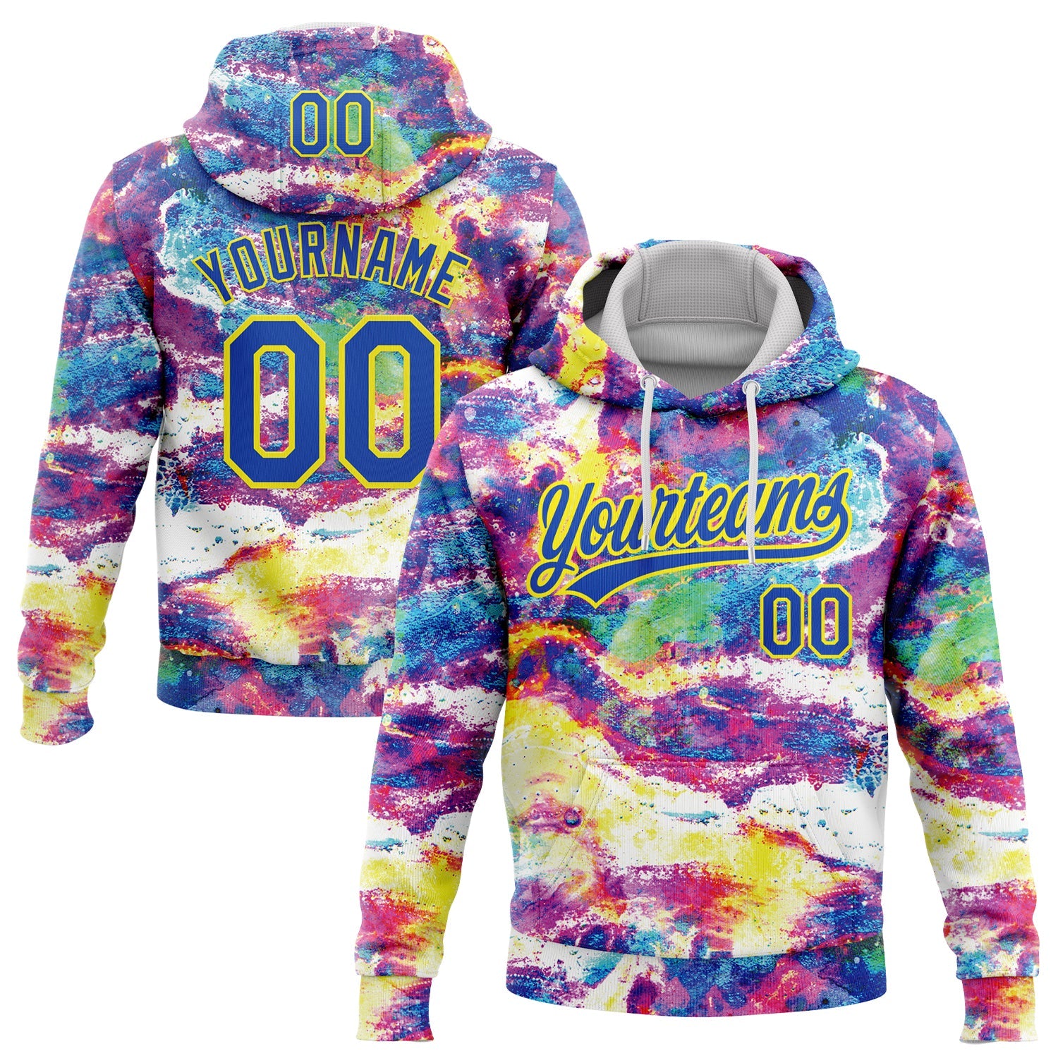 Custom Stitched Graffiti Pattern Thunder Blue-Light Yellow Abstract Splatter Sports Pullover Sweatshirt Hoodie - Main View