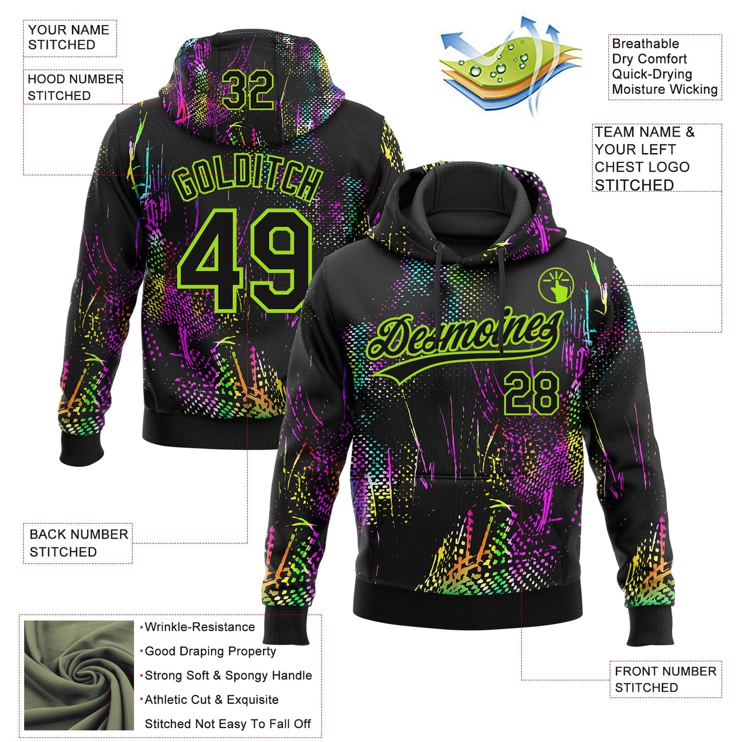 Custom Stitched Black Neon Green Abstract Neon Street Style Sports Pullover Sweatshirt Hoodie view 4