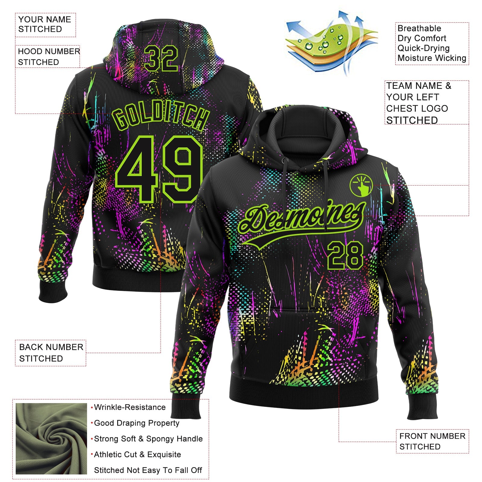 Custom Stitched Black Neon Green Abstract Neon Street Style Sports Pullover Sweatshirt Hoodie view 4