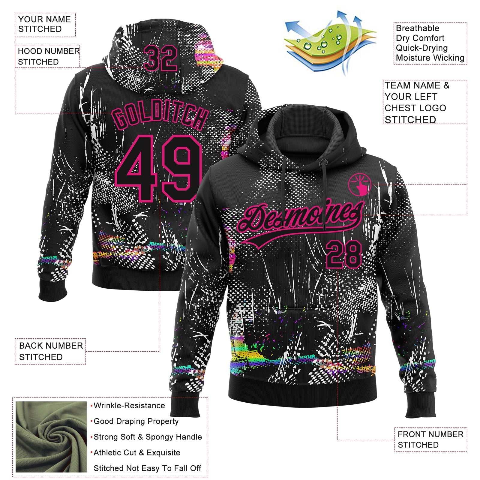 Custom Stitched Black Hot Pink Abstract Neon Street Style Sports Pullover Sweatshirt Hoodie view 4