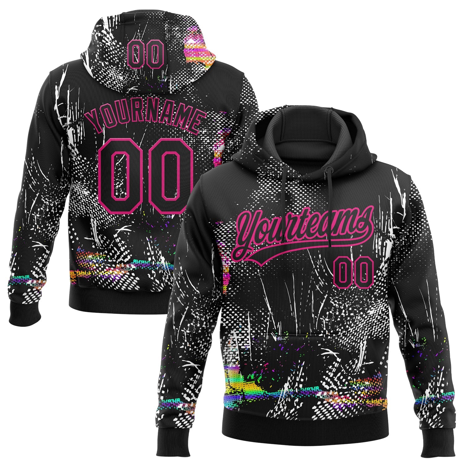 Custom Stitched Black Hot Pink Abstract Neon Street Style Sports Pullover Sweatshirt Hoodie - Main View