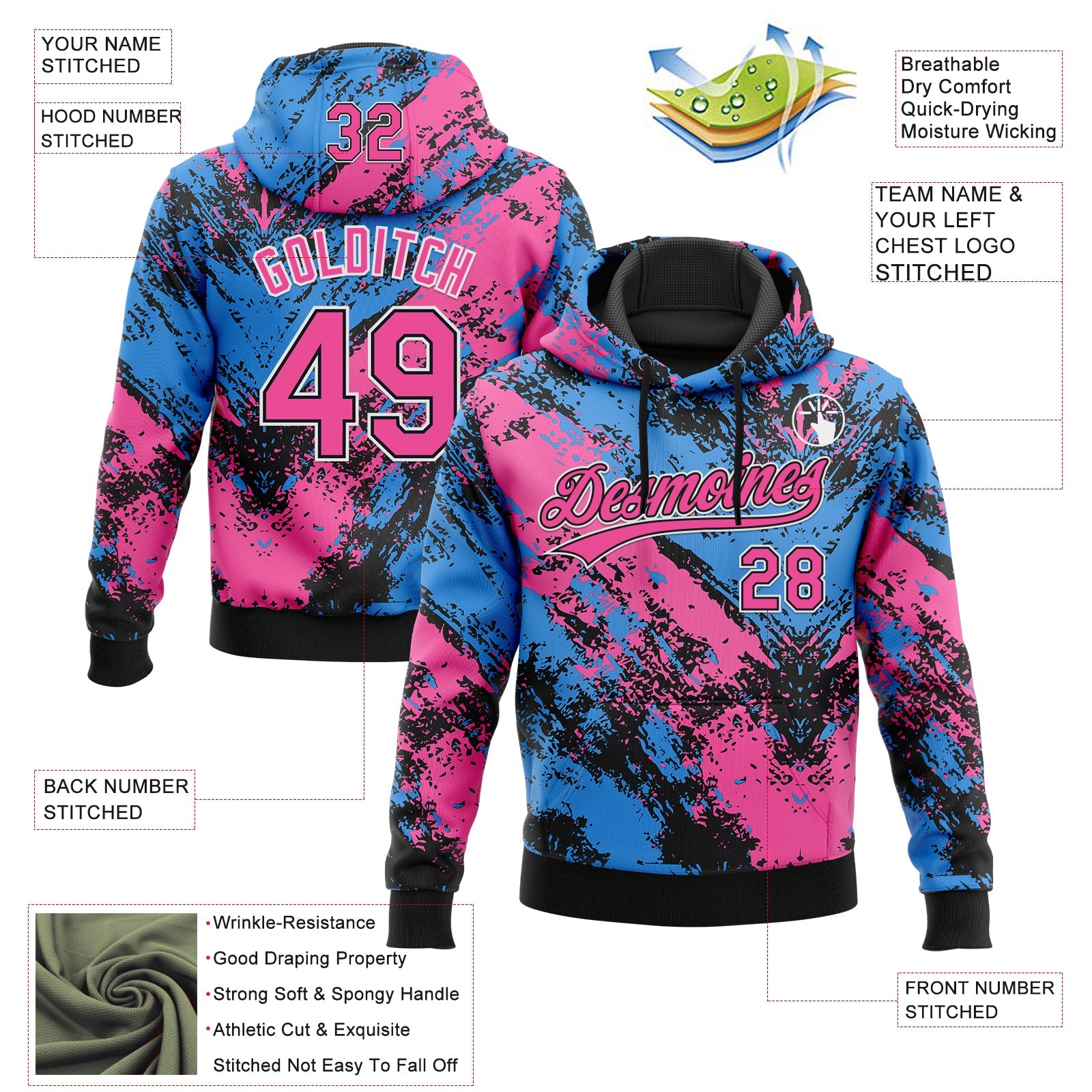 Custom Stitched Black Pink Powder Blue-White Abstract Splatter Sports Pullover Sweatshirt Hoodie view 4